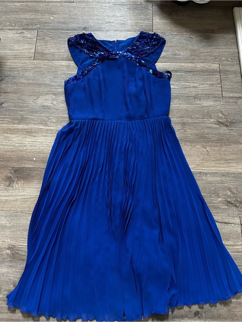 Adrianna Papell Royal Blue Pleated Formal Dress with Sequin Accents